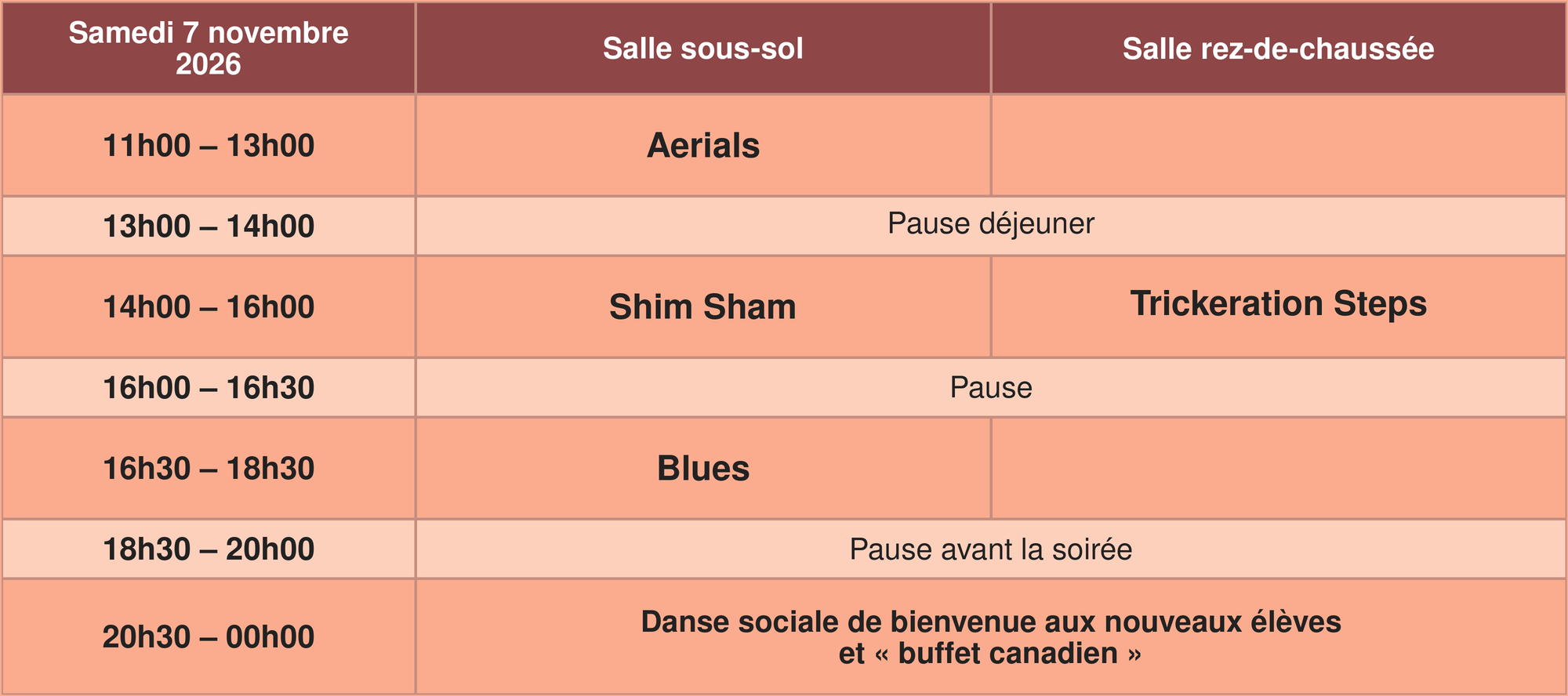 Programme de L’automne en Swing du samedi 7 novembre 2026 : Aerials de 11h à 13h, Shim Sham et Trickeration Steps de 14h à 16h, Blues de 16h30 à 18h30, puis danse sociale de 20h30 à minuit.